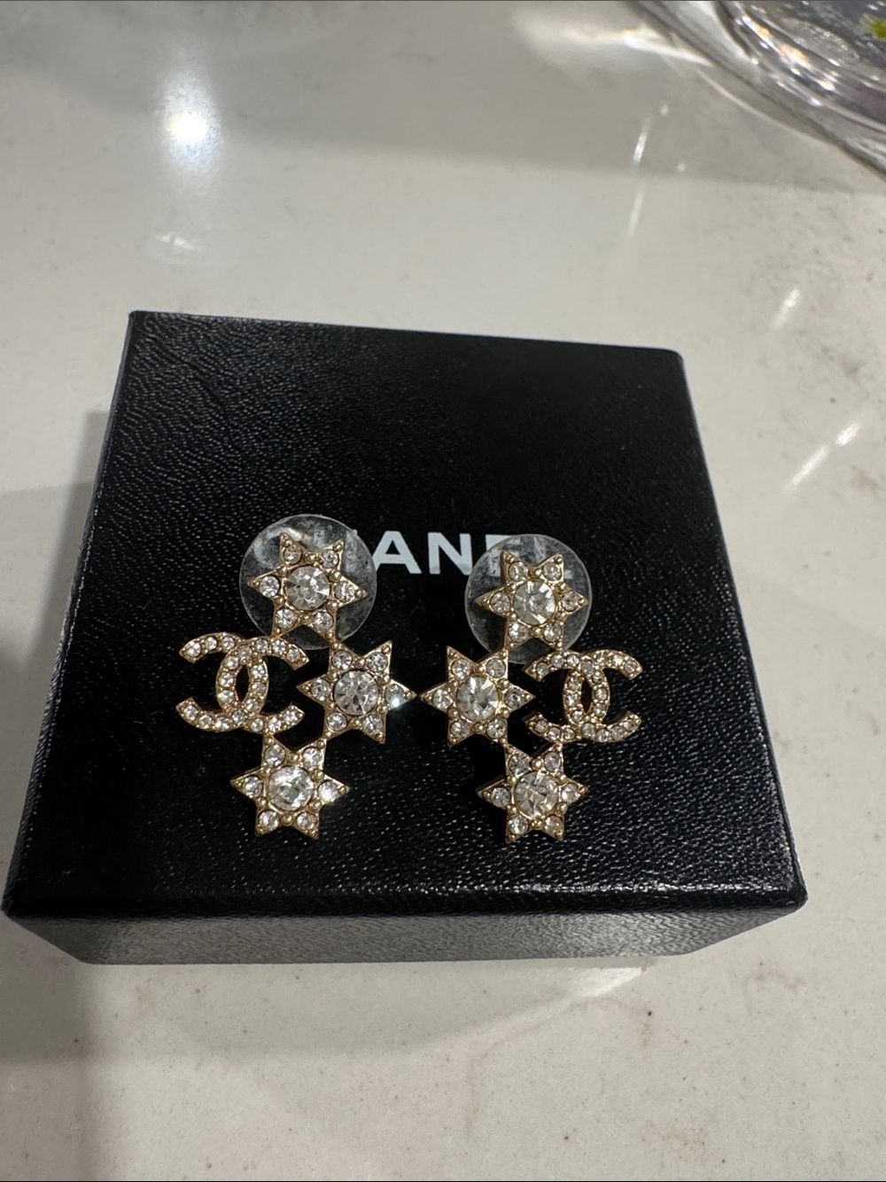 CHANEL Gold Crystal Star & CC Drop Earrings